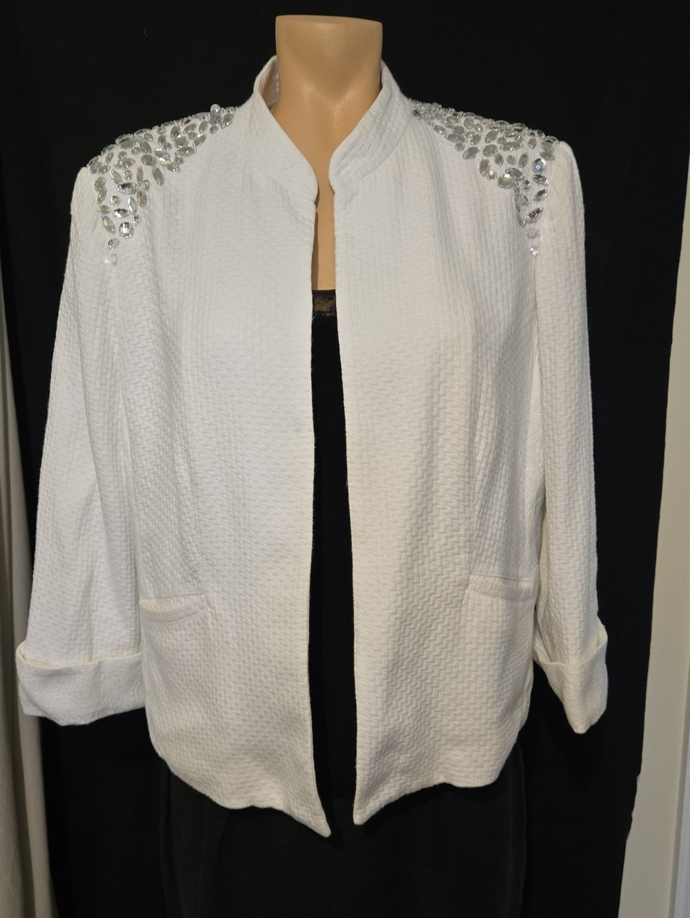 Chico's white textured open-front rhinestone Jacket.